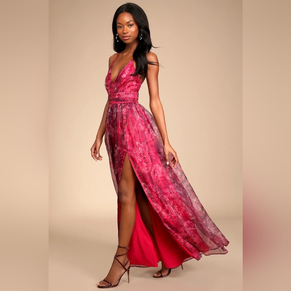 Lulu's Romance That Wows Magenta Floral Print Organza Maxi Dress - Picture 3 of 14